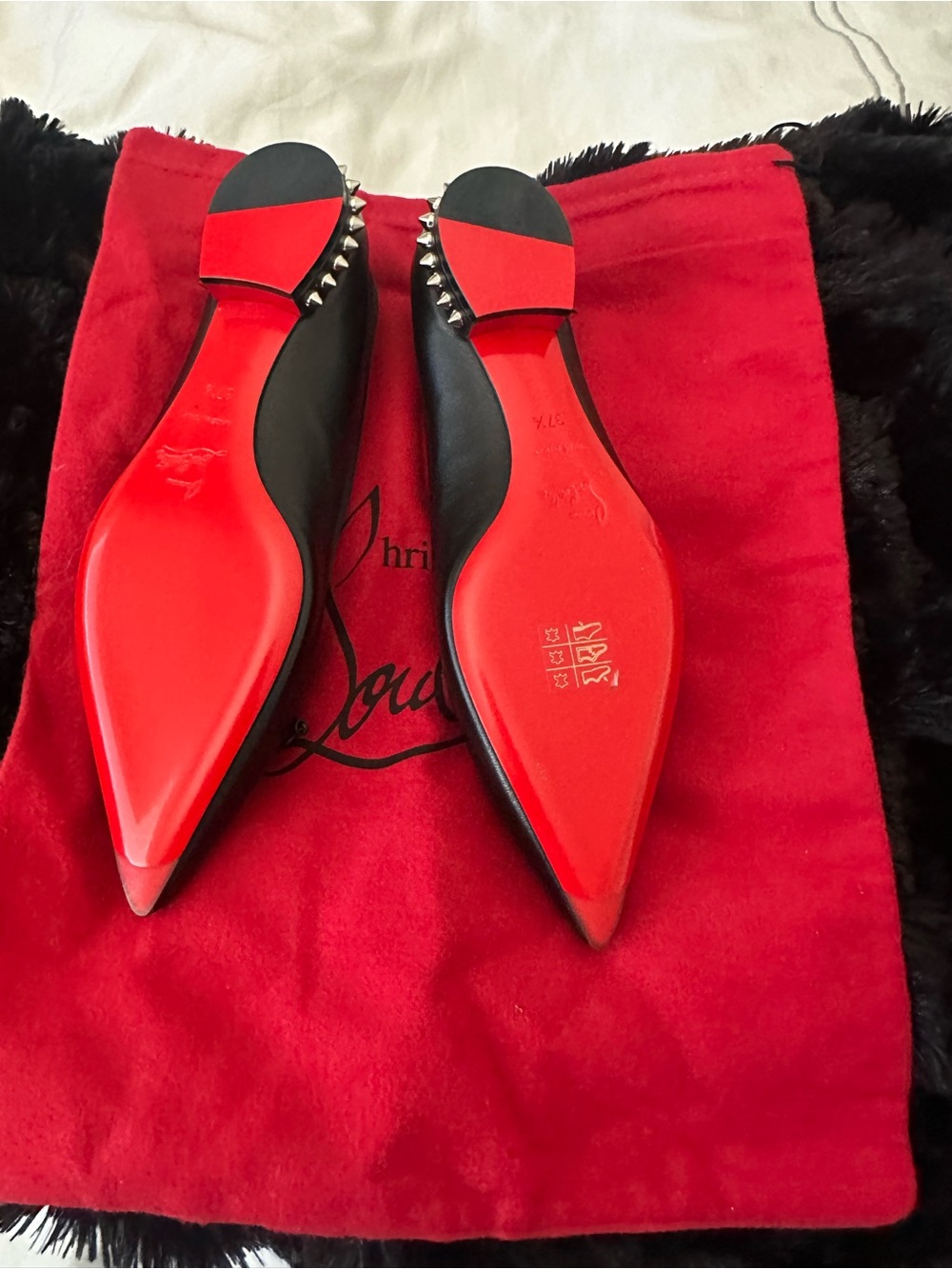 Christian Louboutin Black Pointed Leather Ballet Flats with Heel Spikes - Picture 3 of 3